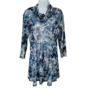 Jess & Jane Artsy Boho Tunic Top Womens Small Cowl Neck Floral Denim USA Made